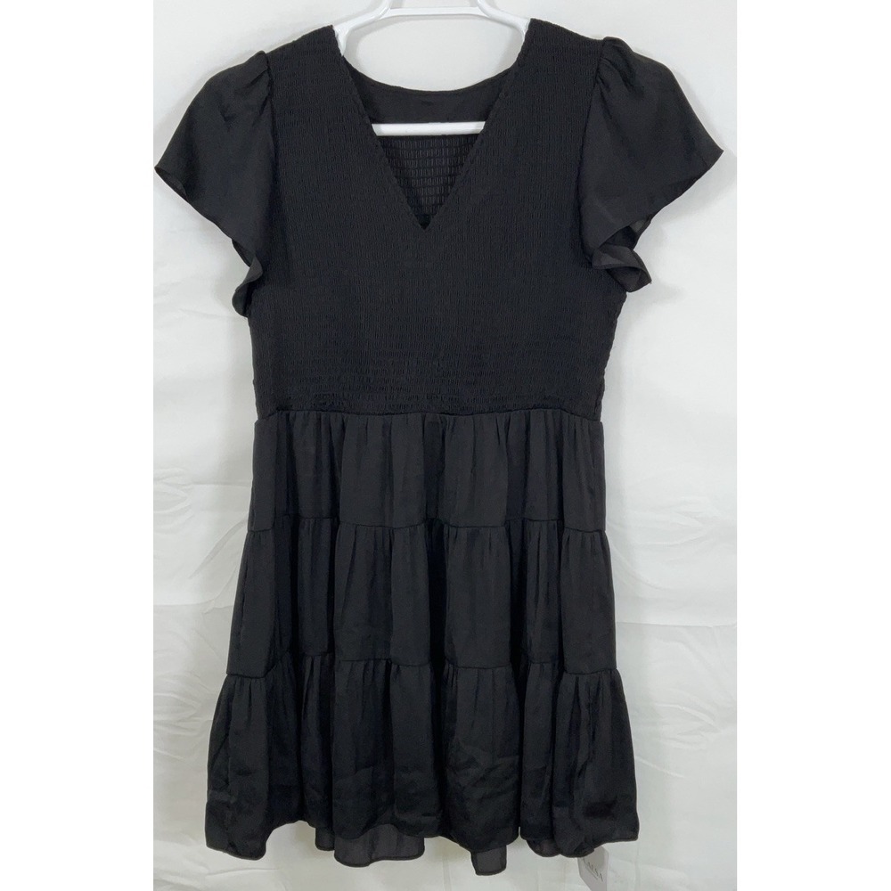 NWT Women's Olaesa Black Short Sleeve Dress Smocked‎ V-Neck Tiered Skirt - XL